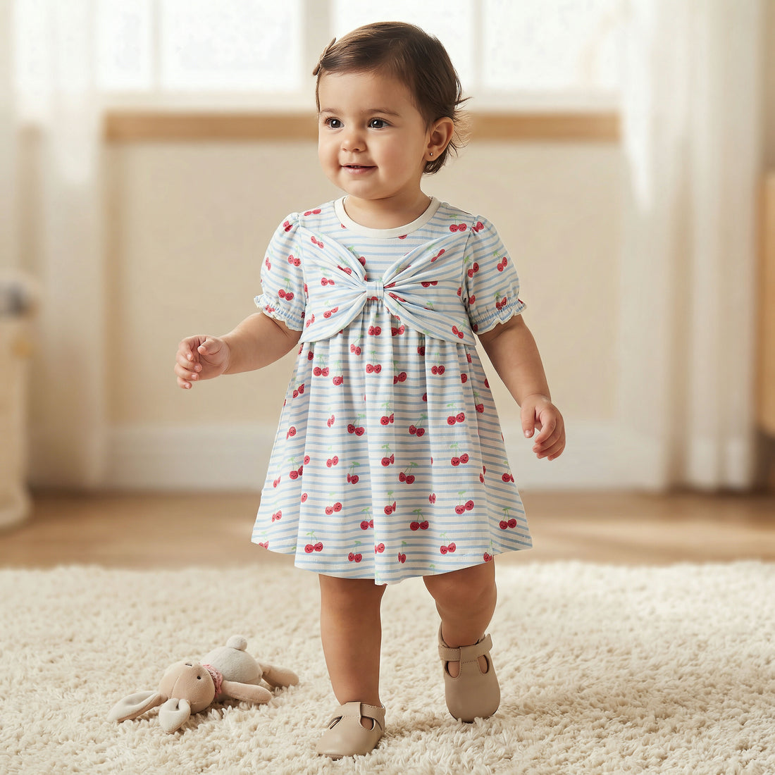 Juniors Round Neck Short Sleeves A-line Dress with Cherry Print - Multicolour / 12-18 mths