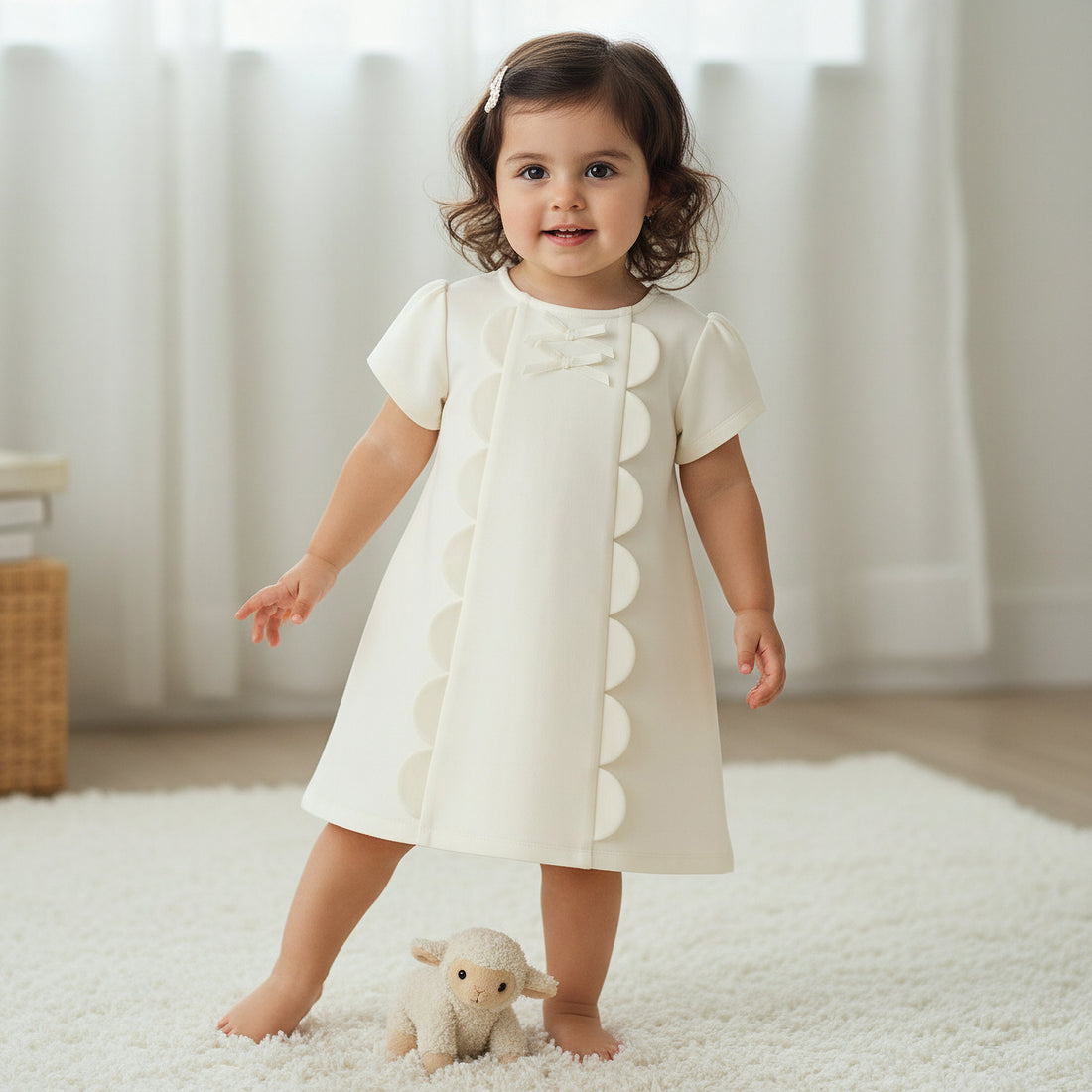 Juniors Round Neck Short Sleeves A-Line Dress with Zip Closure - White / 24-36 mths