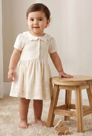 Juniors Collared Short Sleeves Dress with Bunny Print
