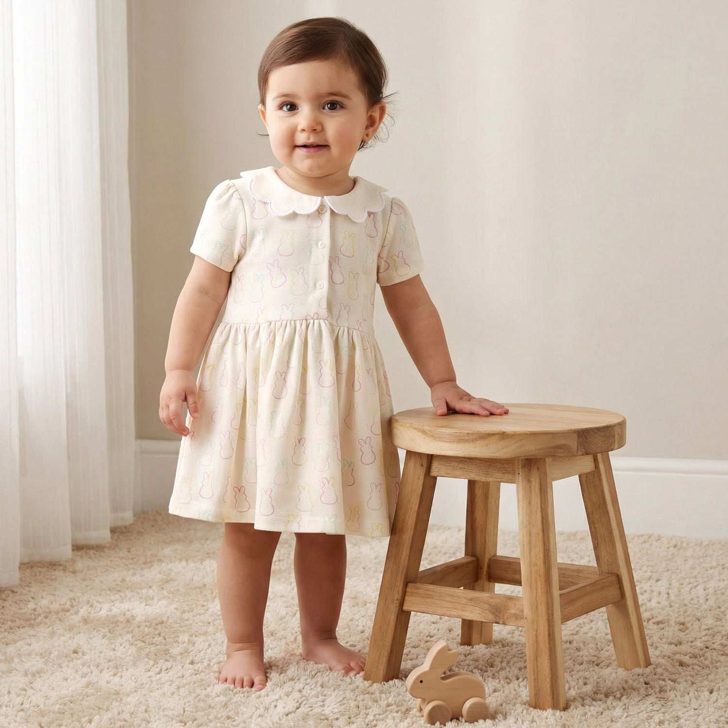 Juniors Collared Short Sleeves Dress with Bunny Print - Cream / 12-18 mths