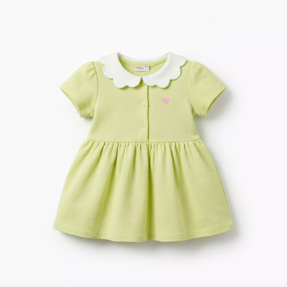 Juniors Scalloped Collar Short Sleeves A-line Dress with Heart Embroidery