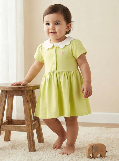 Juniors Scalloped Collar Short Sleeves A-line Dress with Heart Embroidery-baby-girls-clothing-dressesandjumpsuits-image-1