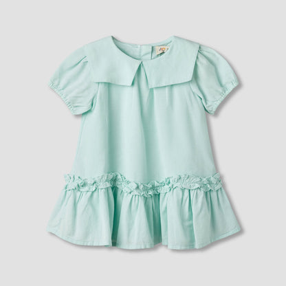 Juniors Sailor Collar Long Sleeves Drop Waist Dress with Ruffle Hem - Green / 12-18 mths