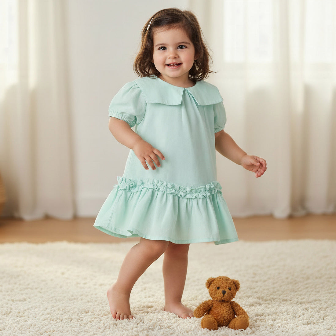 Juniors Sailor Collar Long Sleeves Drop Waist Dress with Ruffle Hem - Green / 18-24 mths