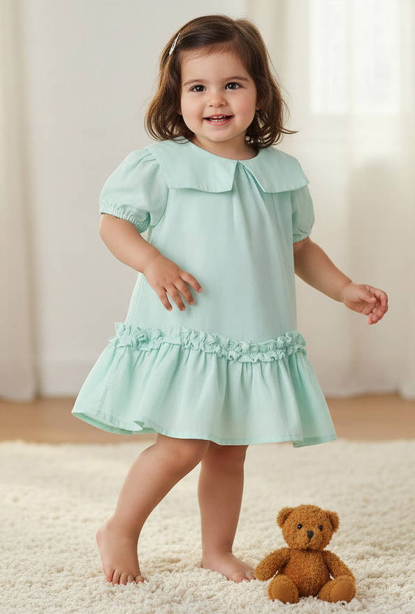 Juniors Sailor Collar Long Sleeves Drop Waist Dress with Ruffle Hem
