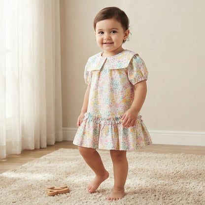 Juniors Sailor Collar Long Sleeves Drop Waist Dress with Ruffle Hem