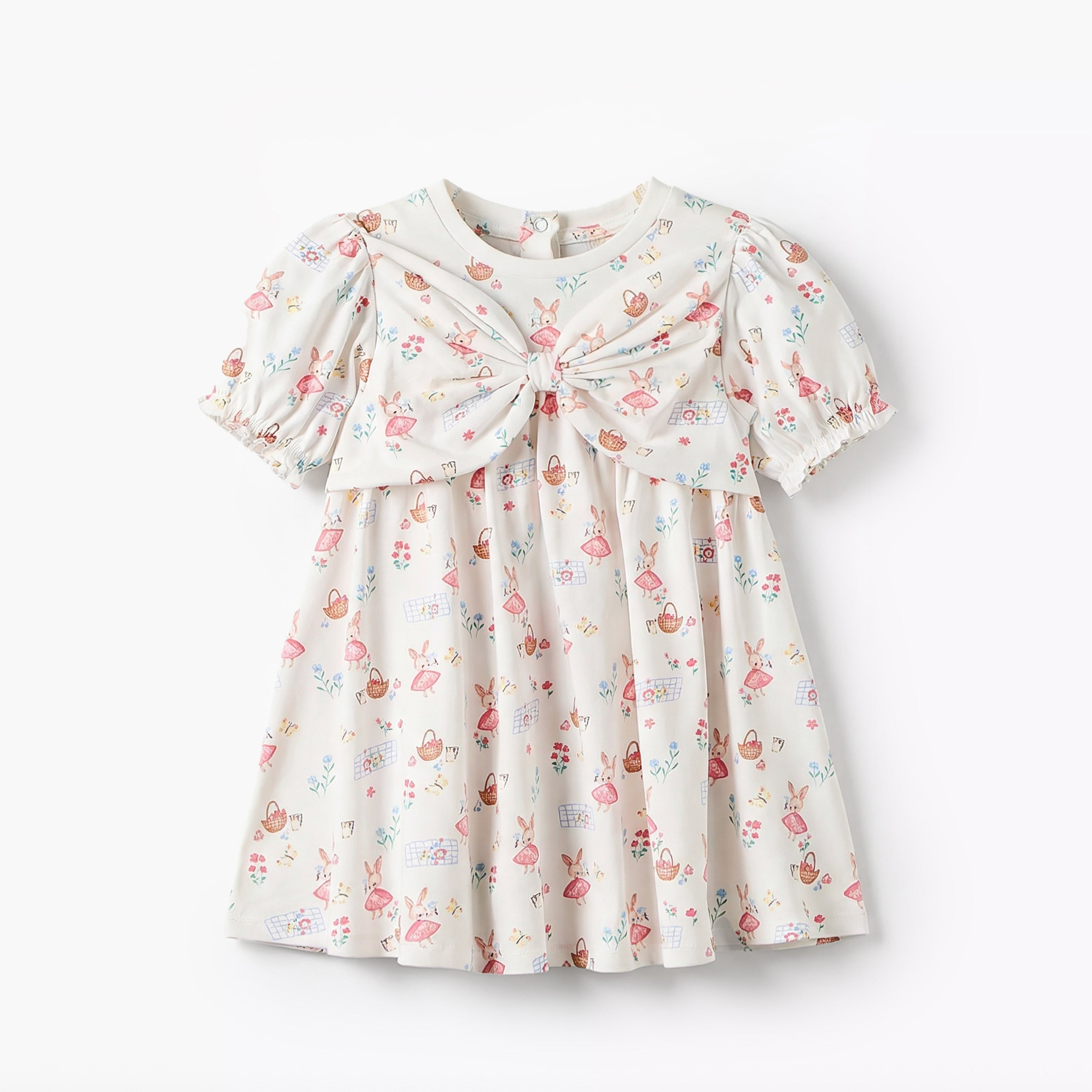 Juniors Round Neck Short Sleeves A-line Dress with Bunny Print - White / 12-18 mths