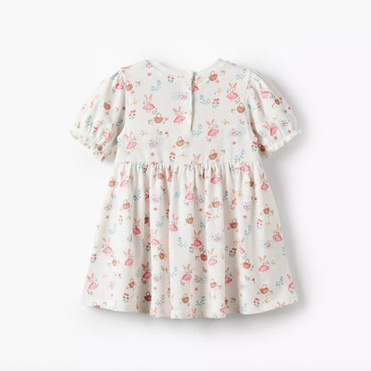 Juniors Round Neck Short Sleeves A-line Dress with Bunny Print
