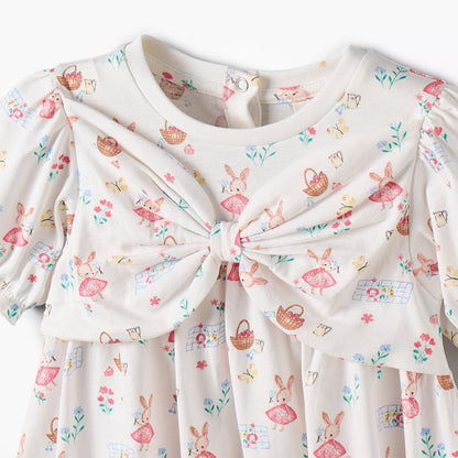 Juniors Round Neck Short Sleeves A-line Dress with Bunny Print