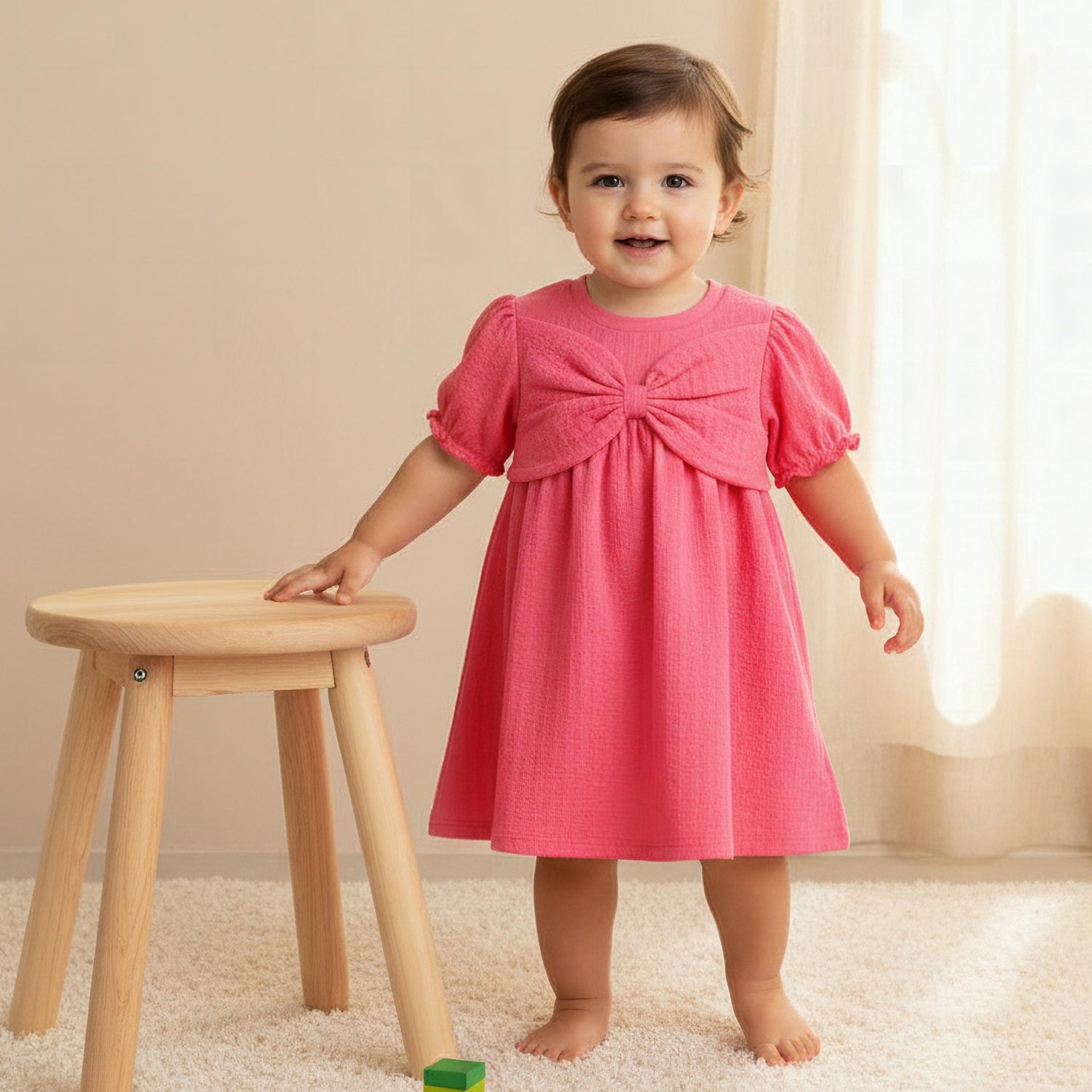 Juniors Round Neck Short Sleeve Dress with Bow Accent - Red / 18-24 mths