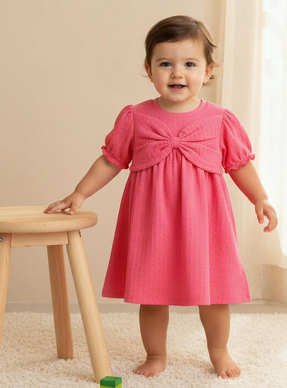Juniors Round Neck Short Sleeve Dress with Bow Accent-baby-girls-clothing-dressesandjumpsuits-image-1