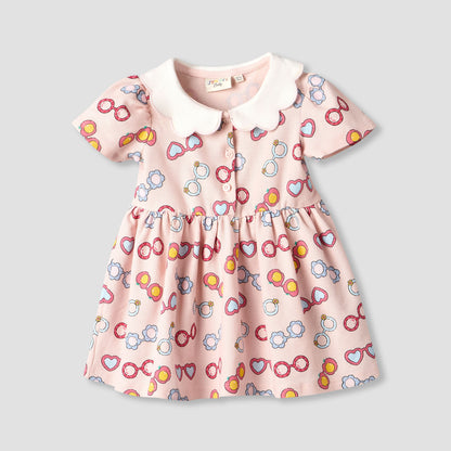 Juniors Peter Pan Collar Short Sleeves A-line Dress with Heart Print