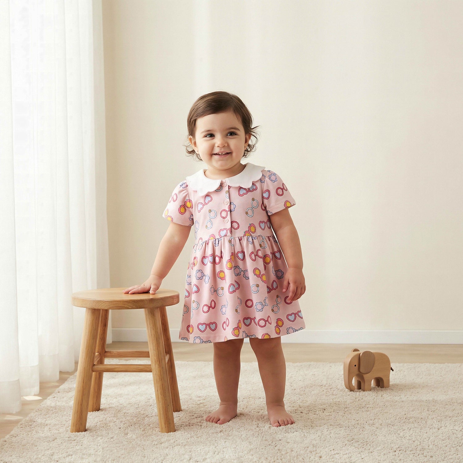 Juniors Peter Pan Collar Short Sleeves A-line Dress with Heart Print
