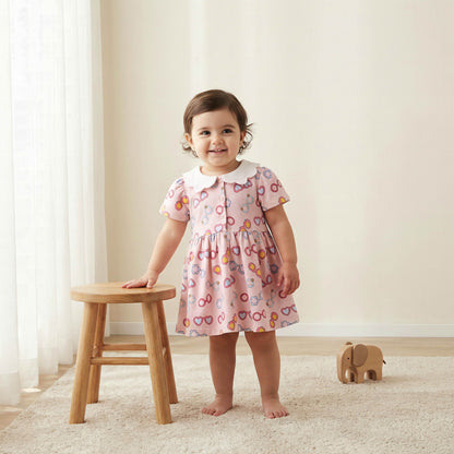 Juniors Peter Pan Collar Short Sleeves A-line Dress with Heart Print
