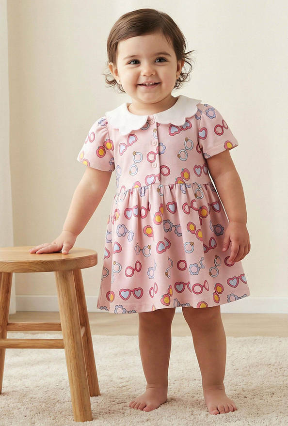 Juniors Peter Pan Collar Short Sleeves A-line Dress with Heart Print