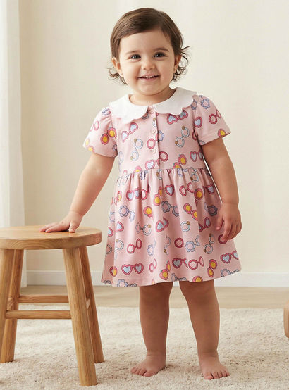 Juniors Peter Pan Collar Short Sleeves A-line Dress with Heart Print-baby-girls-clothing-dressesandjumpsuits-image-1