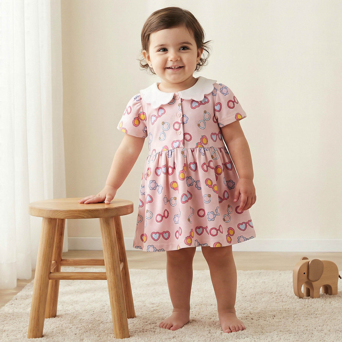 Juniors Peter Pan Collar Short Sleeves A-line Dress with Heart Print - Multicolour / 24-36 mths