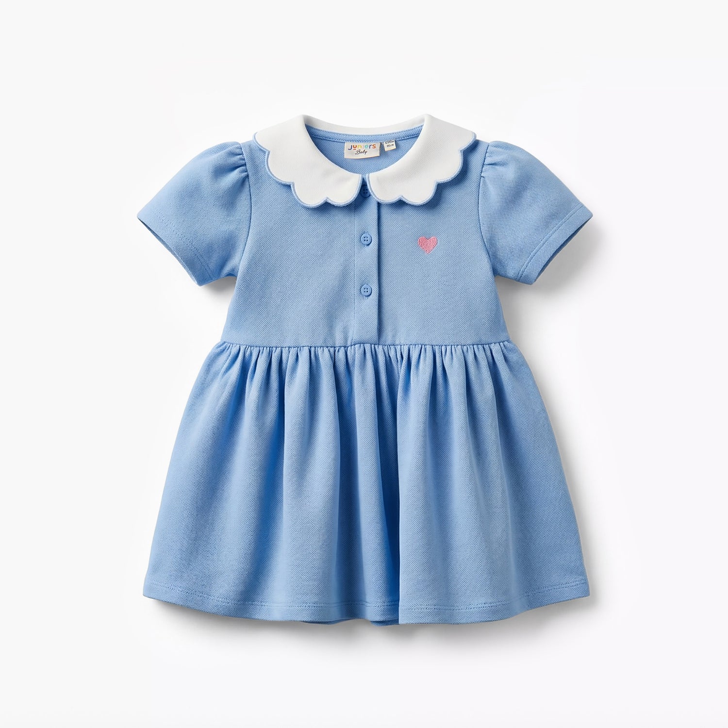 Juniors Scallop Collar Short Sleeves A-line Dress with Heart Embroidery - Blue / 12-18 mths