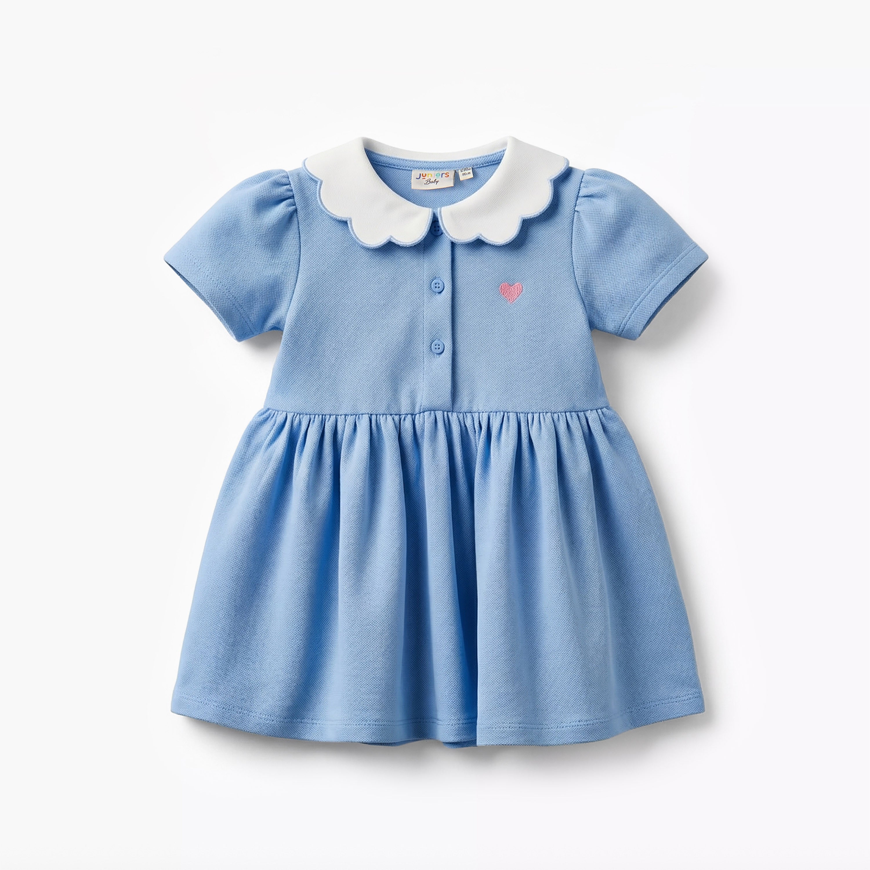 Juniors Scallop Collar Short Sleeves A-line Dress with Heart Embroidery