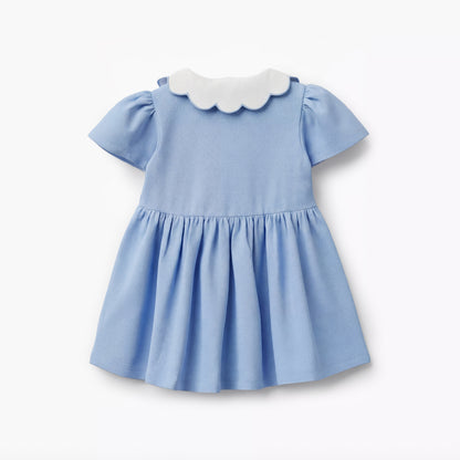Juniors Scallop Collar Short Sleeves A-line Dress with Heart Embroidery