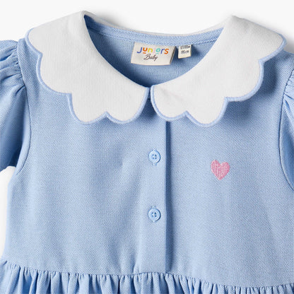 Juniors Scallop Collar Short Sleeves A-line Dress with Heart Embroidery