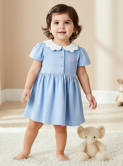 Juniors Scallop Collar Short Sleeves A-line Dress with Heart Embroidery-baby-girls-clothing-dressesandjumpsuits-image-1