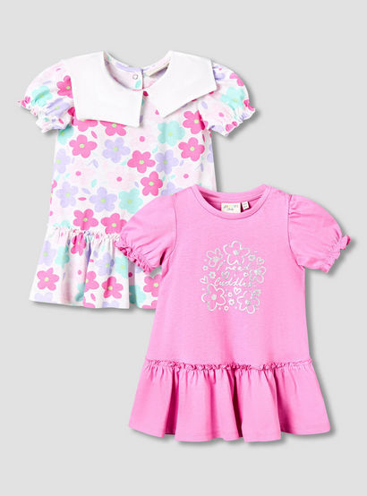Pack of 2 Juniors Short Sleeves Drop Waist Dress with Floral Print-baby-girls-clothing-dressesandjumpsuits-image-1