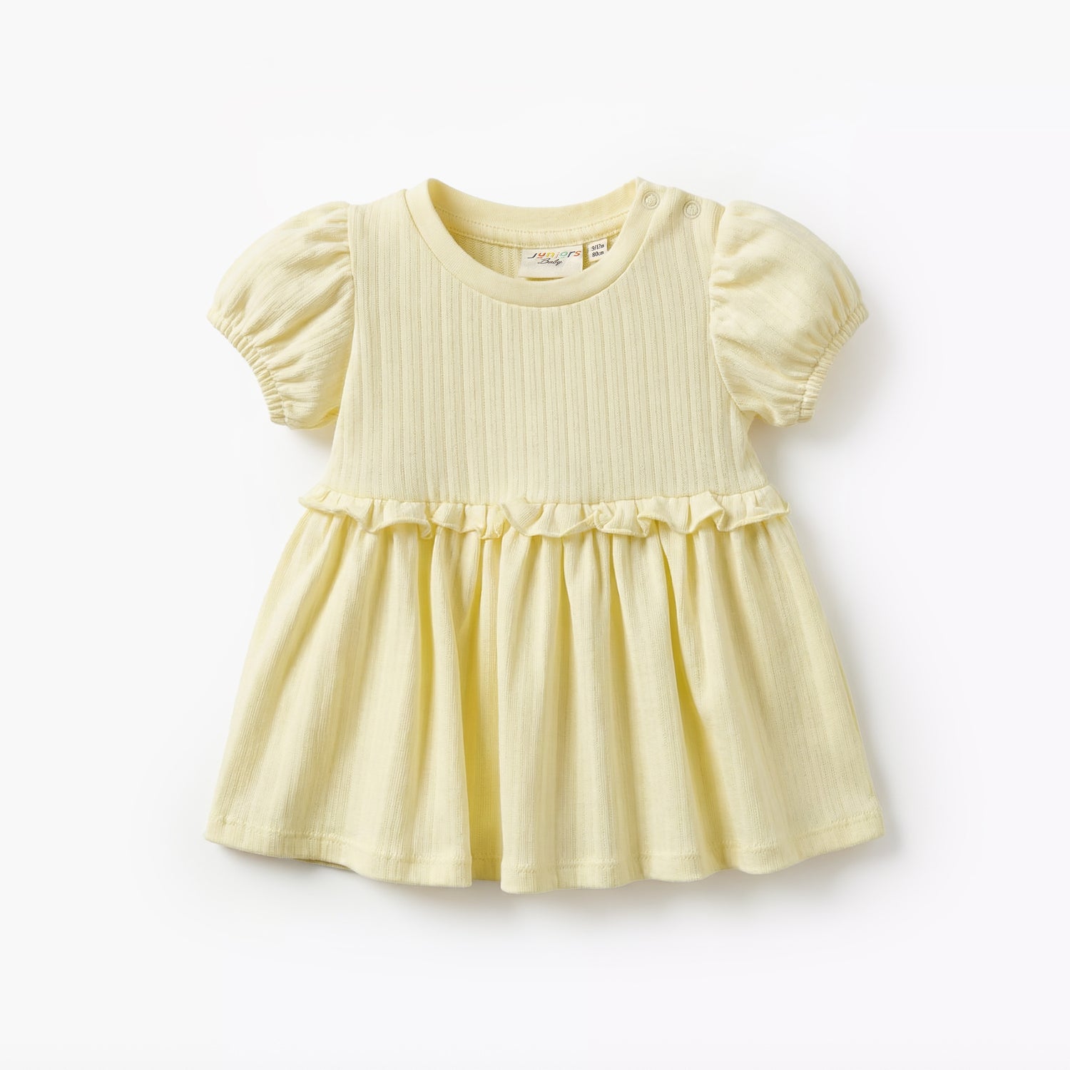 Juniors Round Neck Short Sleeves A-line Dress with Ruffle Detail - Yellow / 12-18 mths