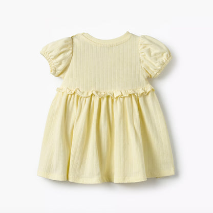 Juniors Round Neck Short Sleeves A-line Dress with Ruffle Detail