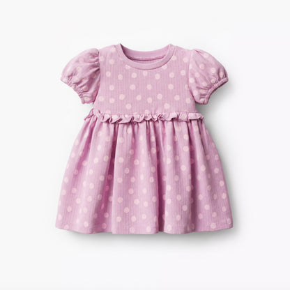 Juniors Round Neck Short Sleeves A-line Dress with Polka Dot Print - Purple / 12-18 mths