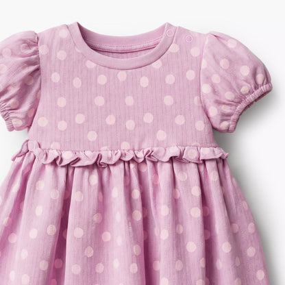Juniors Round Neck Short Sleeves A-line Dress with Polka Dot Print