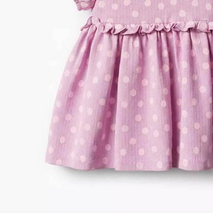 Juniors Round Neck Short Sleeves A-line Dress with Polka Dot Print