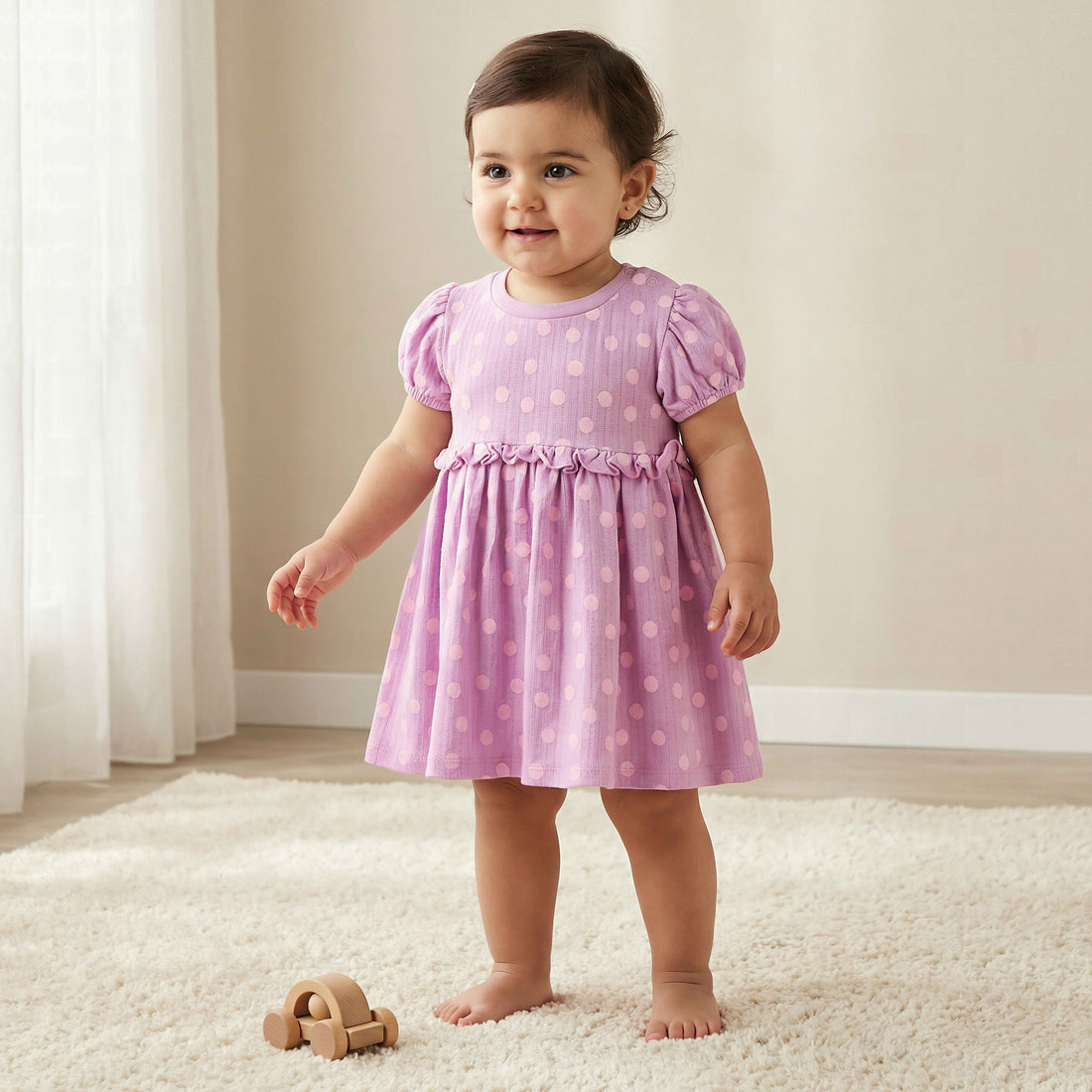 Juniors Round Neck Short Sleeves A-line Dress with Polka Dot Print - Purple / 12-18 mths