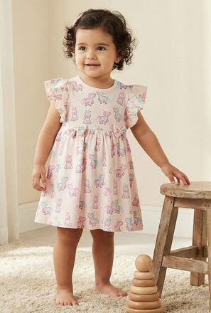 Juniors Round Neck Sleeveless A-line Dress with Unicorn Print
