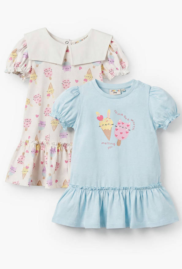 Pack of 2 Juniors Short Sleeves Drop Waist Dress with Ice Cream Print