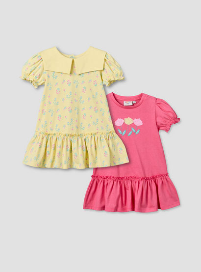 Pack of 2 Juniors Round Neck Short Sleeve Dress with Floral Print-baby-girls-clothing-dressesandjumpsuits-image-1