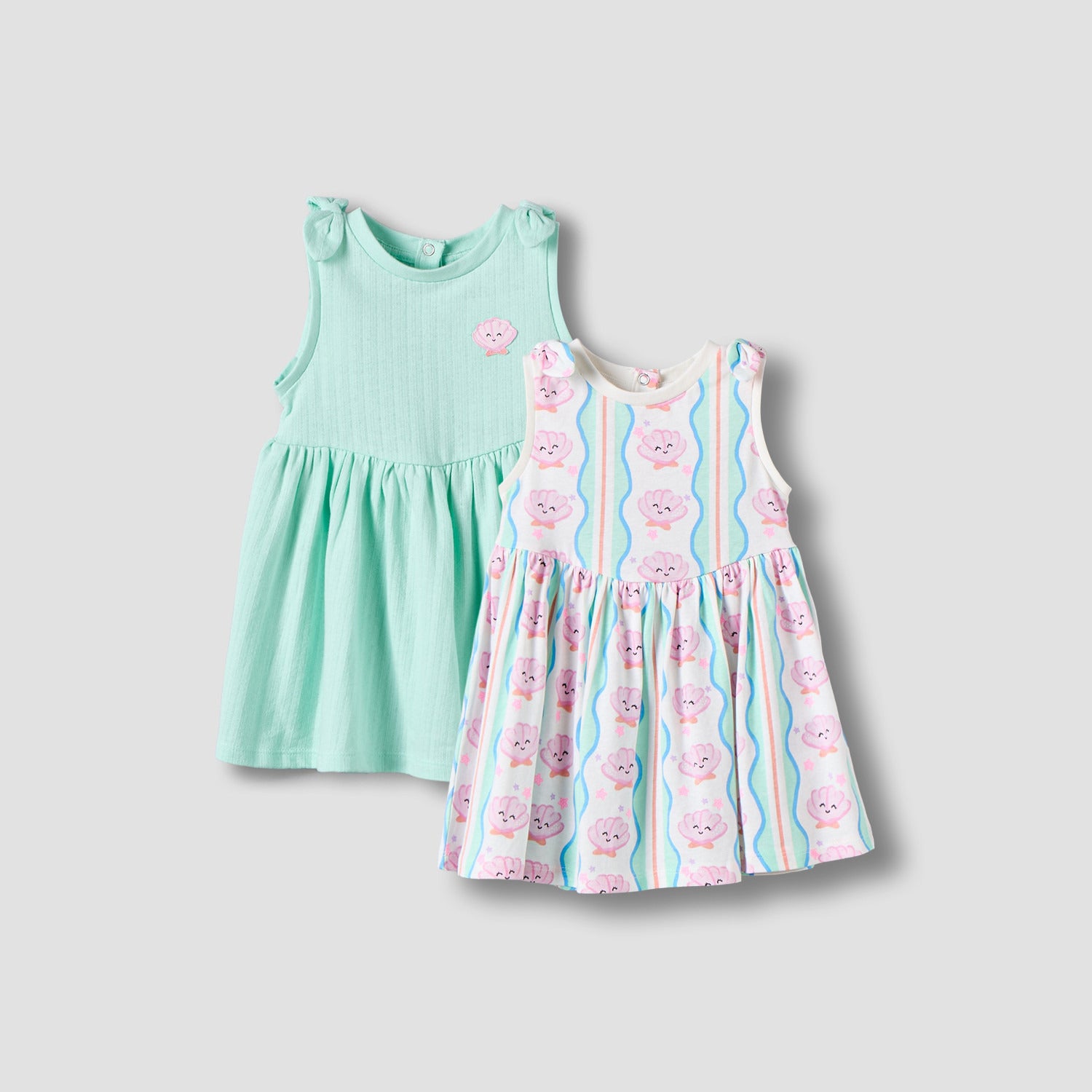 Pack of 2 Juniors Round Neck Sleeveless Knee Length A-line Dress with Shell Print - Green / 12-18 mths