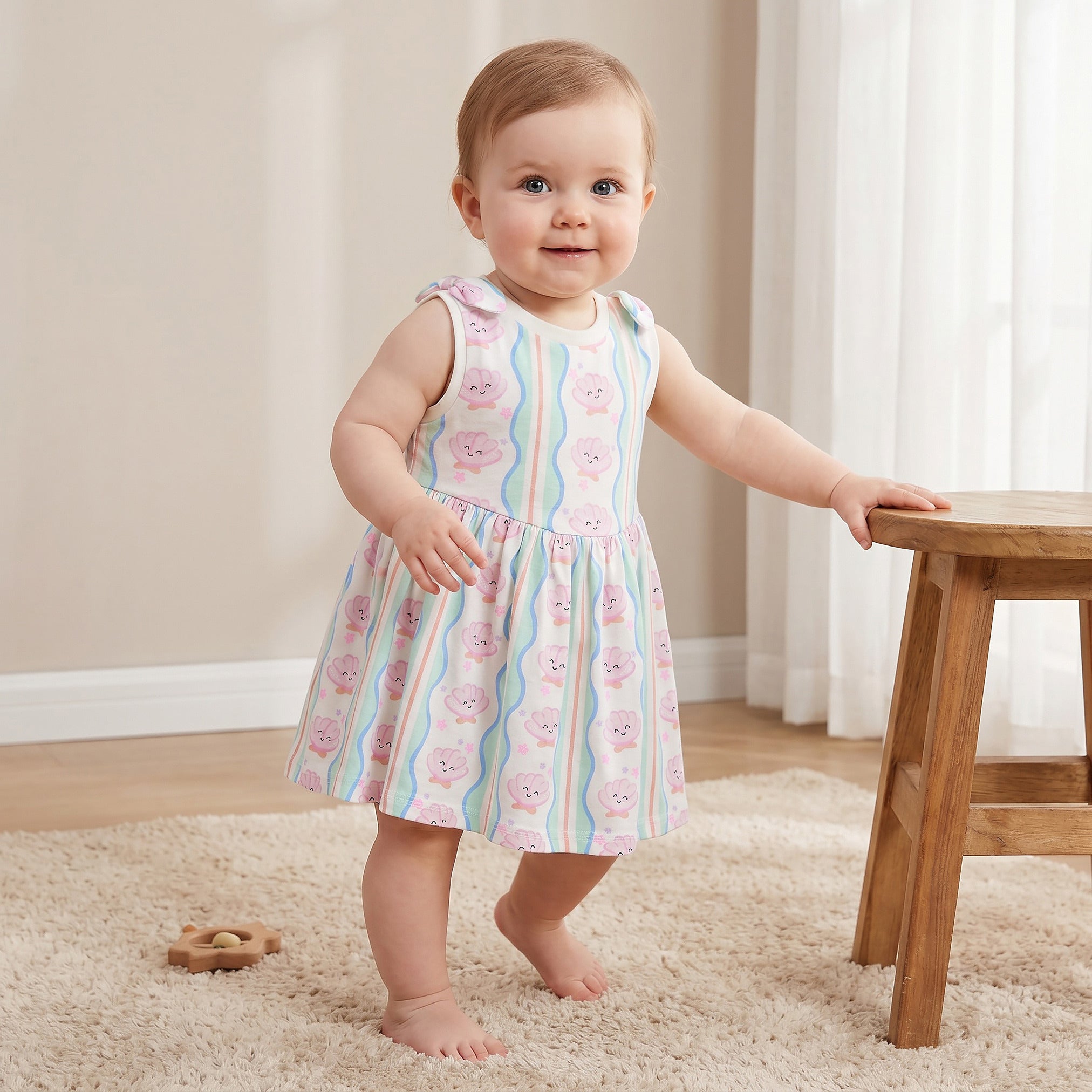 Pack of 2 Juniors Round Neck Sleeveless Knee Length A-line Dress with Shell Print