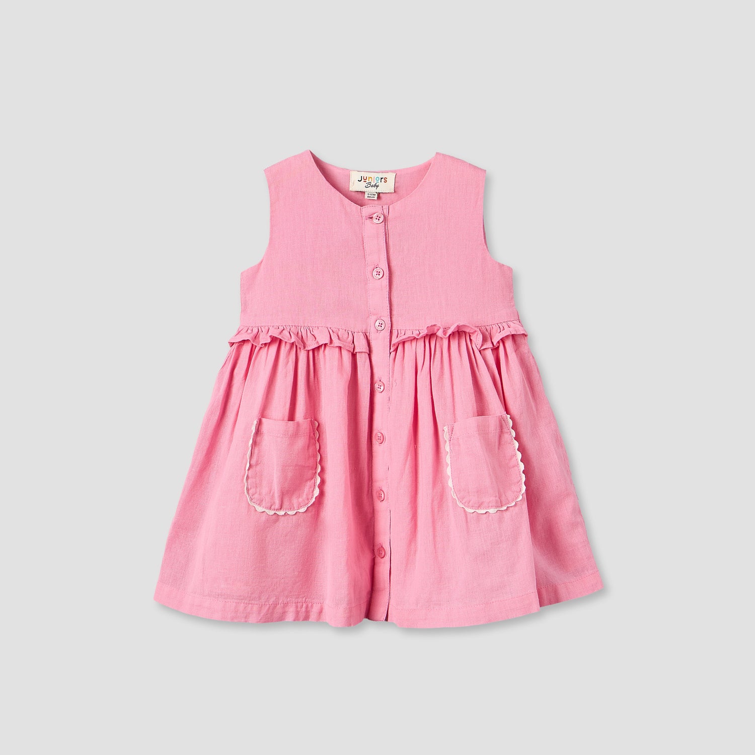 Juniors Round Neck Sleeveless Knee Length A-line Dress with Front Pockets - Pink / 12-18 mths