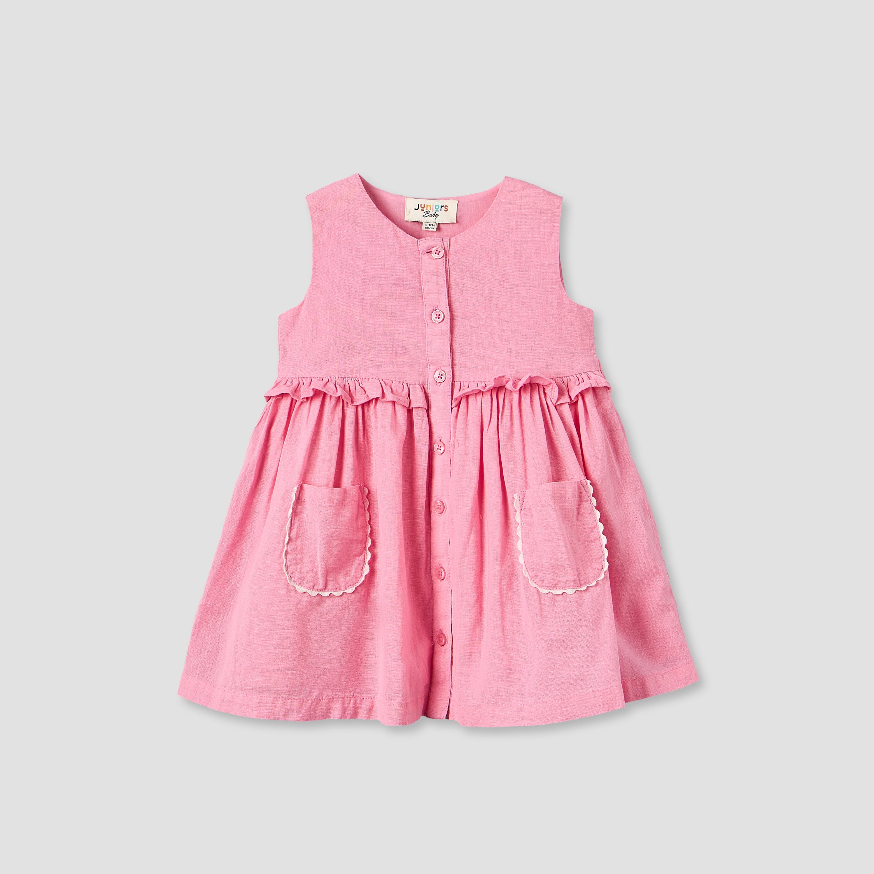 Juniors Round Neck Sleeveless Knee Length A-line Dress with Front Pockets - Pink / 12-18 mths
