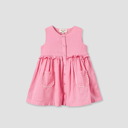 Juniors Round Neck Sleeveless Knee Length A-line Dress with Front Pockets - Pink / 12-18 mths