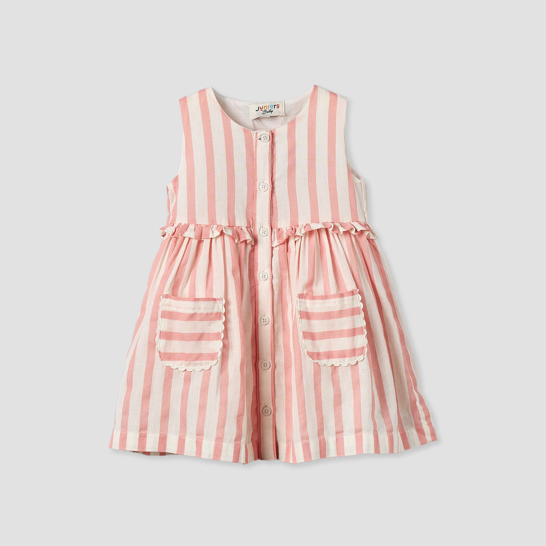 Juniors Round Neck Sleeveless Knee Length A-line Dress with Stripes - Multicolour / 18-24 mths