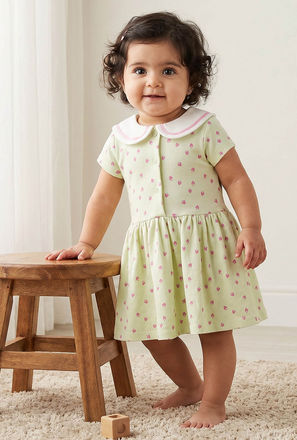 Juniors Sailor Collar Short Sleeves Knee Length A-line Dress with Heart Print
