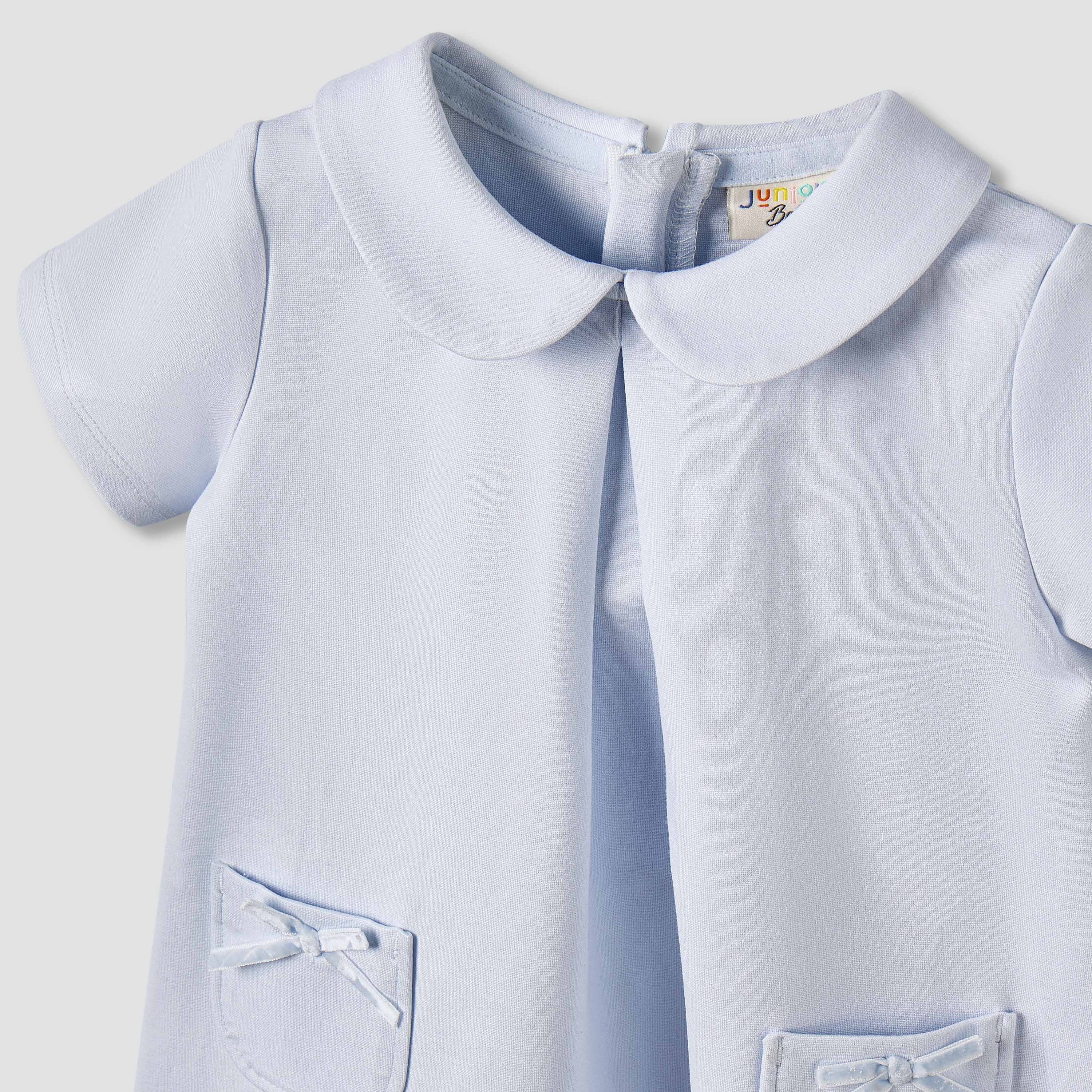 Juniors Peter Pan Collar Short Sleeve Dress with Bow Accent