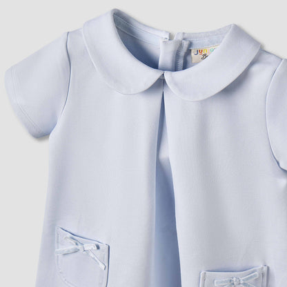 Juniors Peter Pan Collar Short Sleeve Dress with Bow Accent