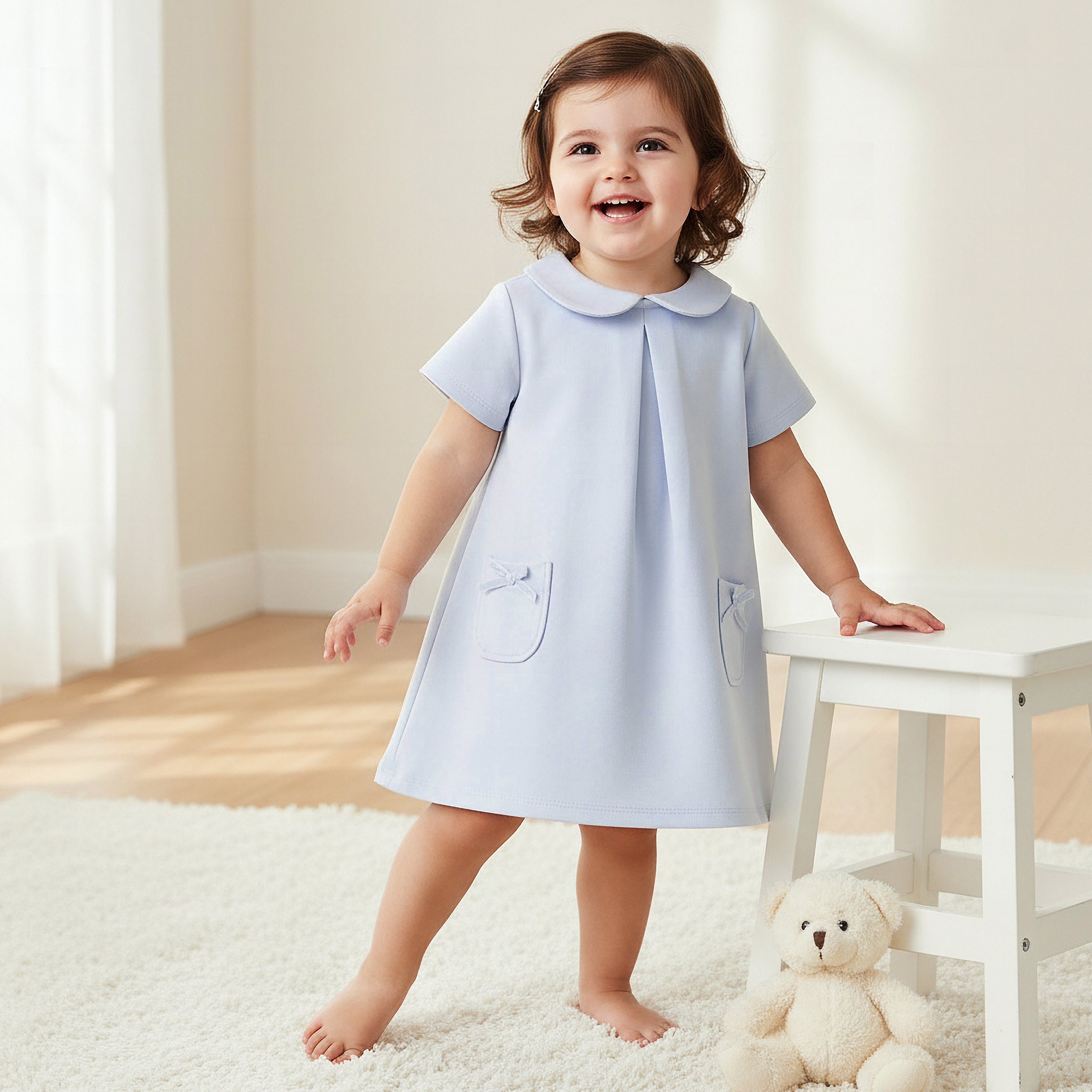 Juniors Peter Pan Collar Short Sleeve Dress with Bow Accent - Blue / 24-36 mths