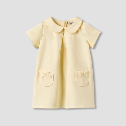 Juniors Peter Pan Collar Short Sleeve Dress with Bow Accent