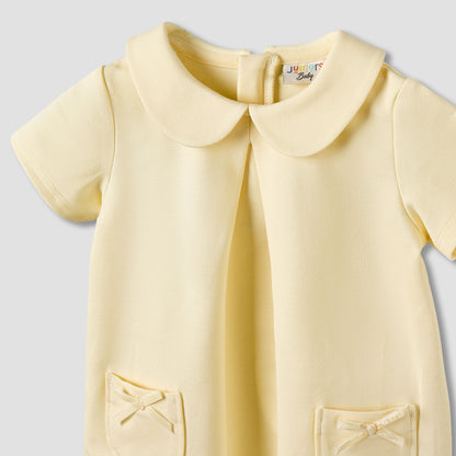 Juniors Peter Pan Collar Short Sleeve Dress with Bow Accent