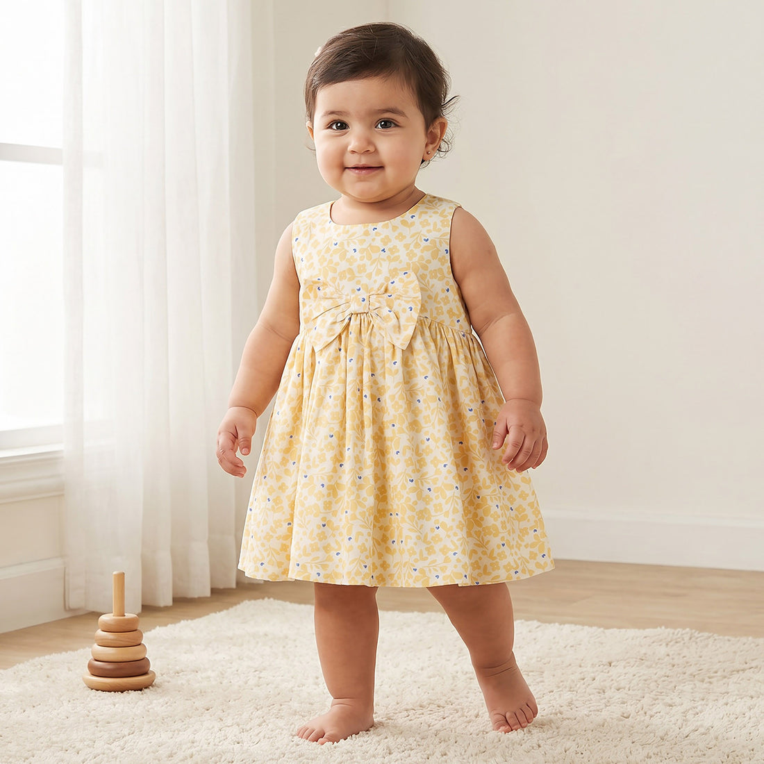Juniors Round Neck Sleeveless Knee-Length Dress with Floral Print - Yellow / 12-18 mths