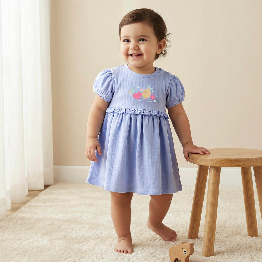 Juniors Round Neck Short Sleeves A-line Dress with Print - Blue / 12-18 mths
